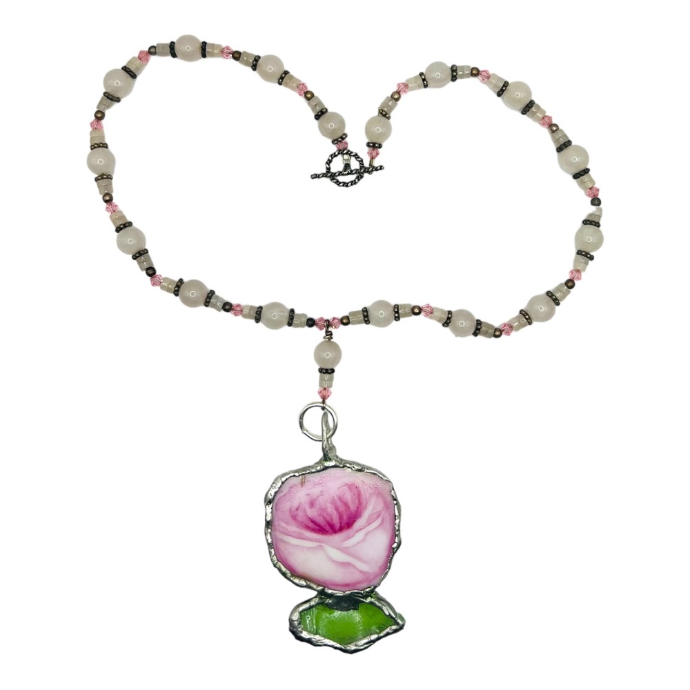 Broken China & Sea Glass Rose Pendant - Pink Quartz Vintage Necklace - Picture 7 of 12